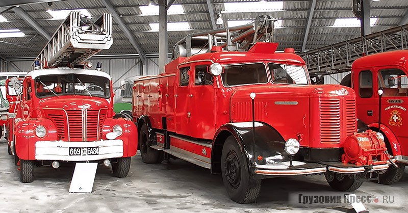 [b]Berliet GLR[/b] (на фото слева) удачно вписался в когорту спецтранспорта на платформе грузовиков французского производства. У него было много общего с автомобилями, оборудованными обычной бортовой платформой. На фото справа тяжёлый французский грузовик [b]Latil Н12В10 (4х2)[/b] поступал во французские пожарные бригады со сдвоенной кабиной и двигателями максимальной мощностью 120, 130 и 150 л.с. Широкий бампер и крылья снабжены площадками для ног брандсмейстеров