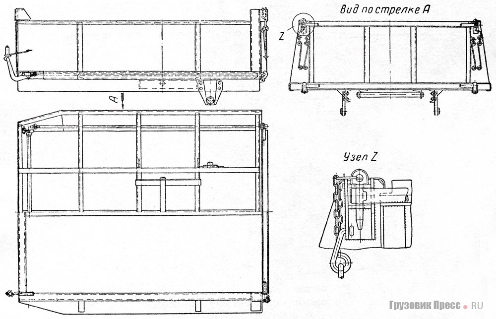 Схема цельнометаллического самосвального кузова ЗИС-05 с двумя усилительными стойками, 1948 г.