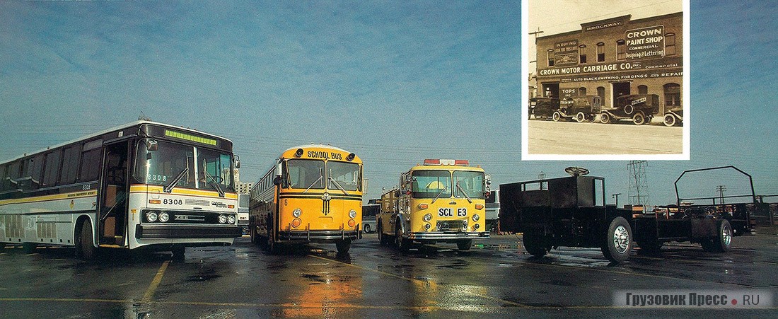 Рекламная брошюра компании Crown Coach Corporation. Слева направо: автобус Crown-Ikarus 286, школьный автобус Crown Supercoach, пожарный автомобиль и шасси для мусоровоза