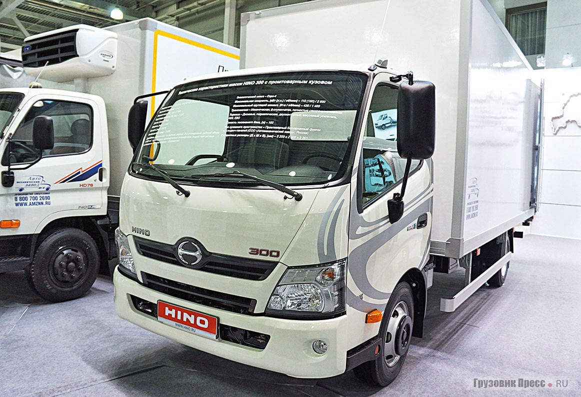 Промтоварный фургон Автомеханического завода на шасси [b]Hino 300[/b]. Особенность – у него нет каркаса, что в свою очередь позволяет сделать стенки более тонкими. Яркое освещение достигнуто за счёт диодных лент