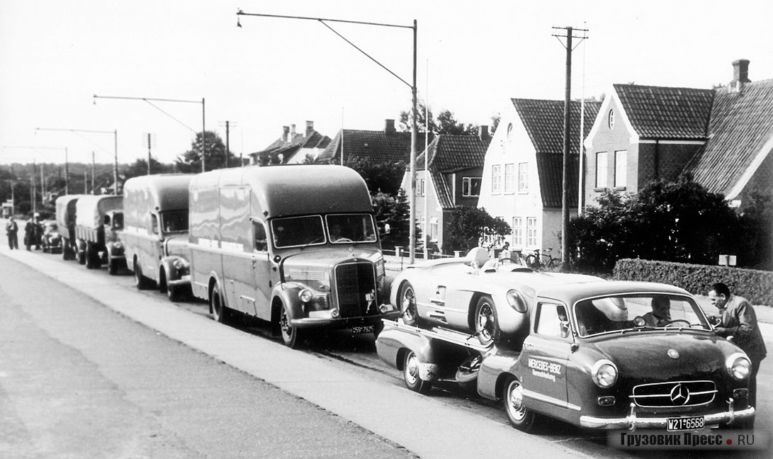 Первый гоночный грузовик – Blaue Wunder – появился задолго до тракрейсинга. В 1954-м Daimler-Benz на базе сразу нескольких легковых моделей создал Schnelltransporter, разгонявшийся чуть ли не до 200 км/ч. Основным донором выступил Mercedes-Benz 300SL Gullwing, пожертвовавший двигатель и КП